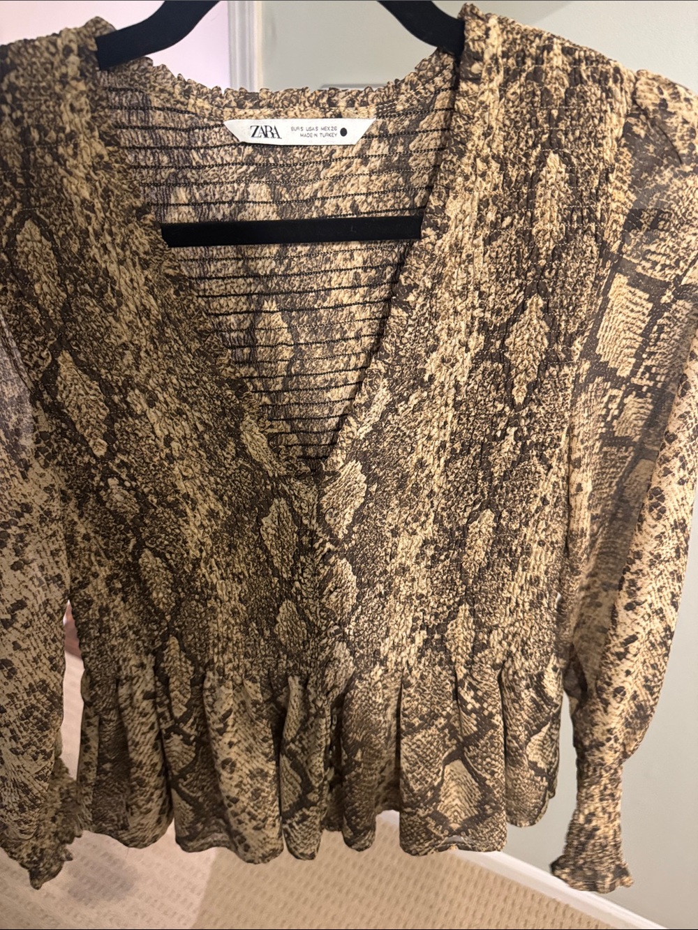 Zara Brown Tan Snake-Print V-Neck Peplum Top